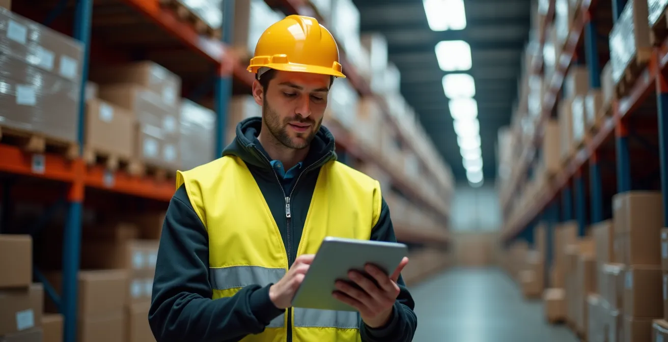 Gestionnaire de flotte analysant des données de consommation sur tablette dans un entrepôt