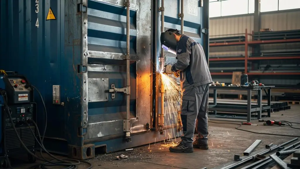 Travailleur industriel effectuant des opérations de fabrication sur la structure d'un container maritime dans un atelier professionnel.