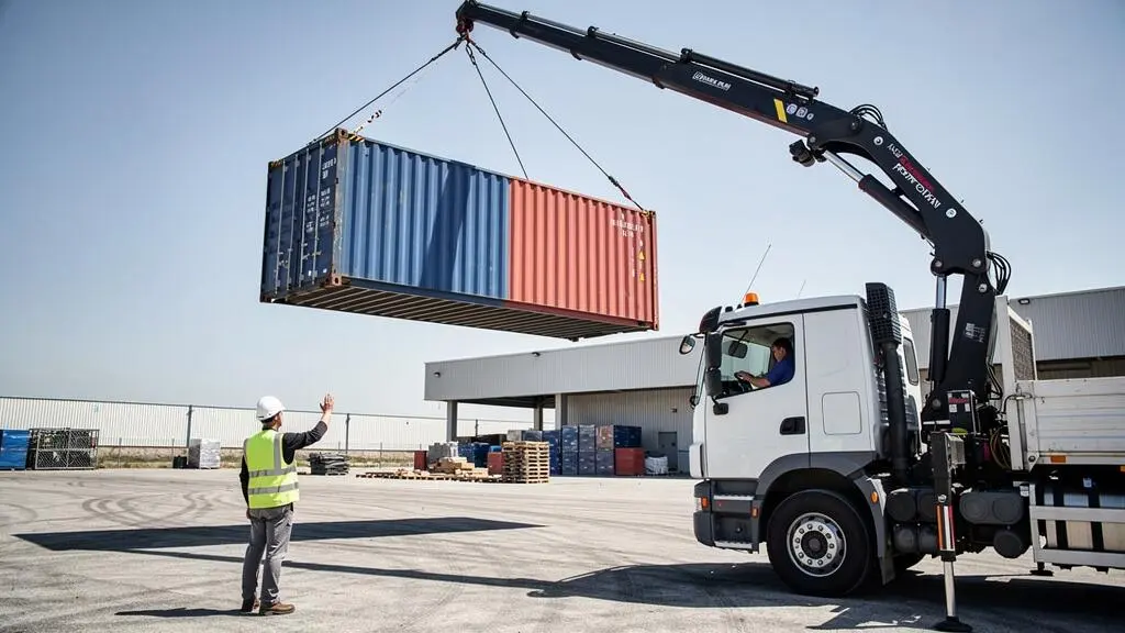 Camion grue en action soulevant un container maritime lors d'une opération de livraison professionnelle.