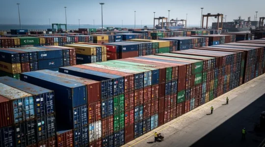 Vue d'ensemble d'un terminal portuaire avec des containers maritimes empilés en rangées organisées, montrant l'ampleur du marché logistique des containers.