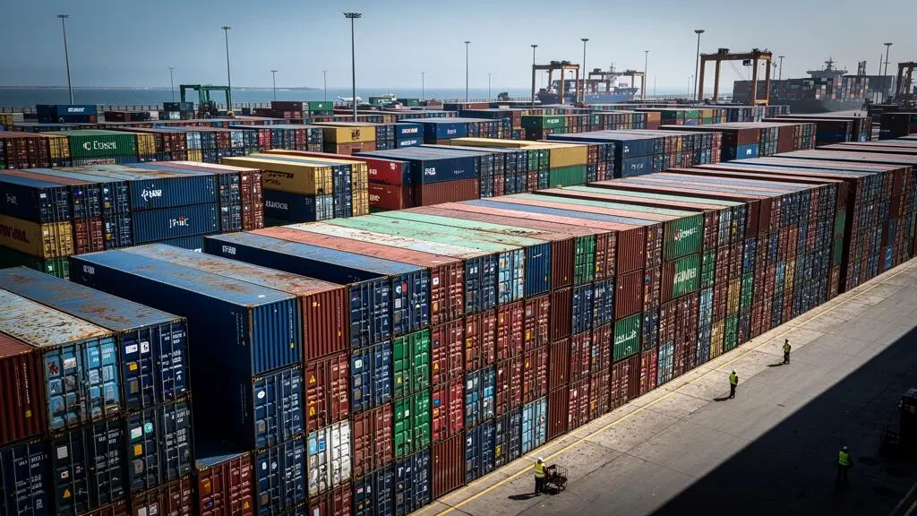 Vue d'ensemble d'un terminal portuaire avec des containers maritimes empilés en rangées organisées, montrant l'ampleur du marché logistique des containers.